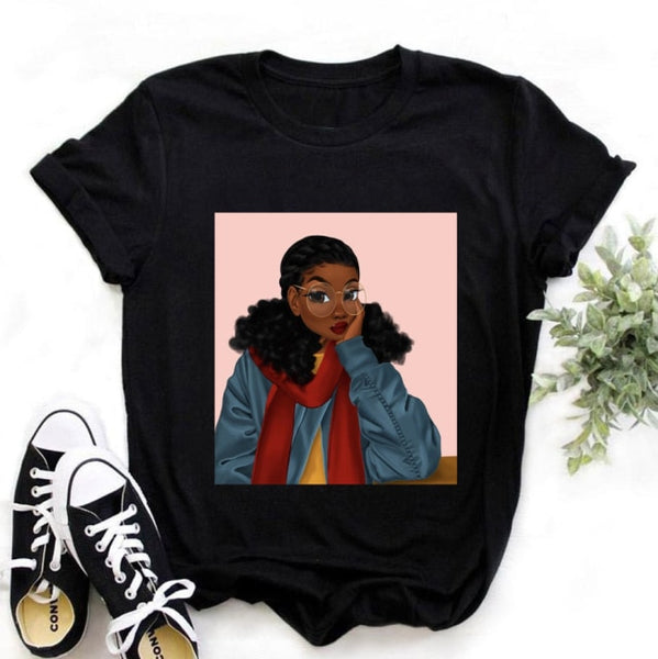 ZOGANKIN Female Summer Fashion Short Sleeve Tshirts Cool Melanin Black Girl Graphic Printed Women Black T-shirt Casual Tops Tee