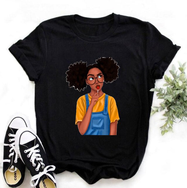 ZOGANKIN Female Summer Fashion Short Sleeve Tshirts Cool Melanin Black Girl Graphic Printed Women Black T-shirt Casual Tops Tee