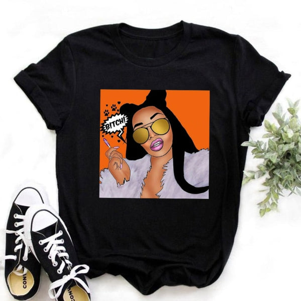 ZOGANKIN Female Summer Fashion Short Sleeve Tshirts Cool Melanin Black Girl Graphic Printed Women Black T-shirt Casual Tops Tee