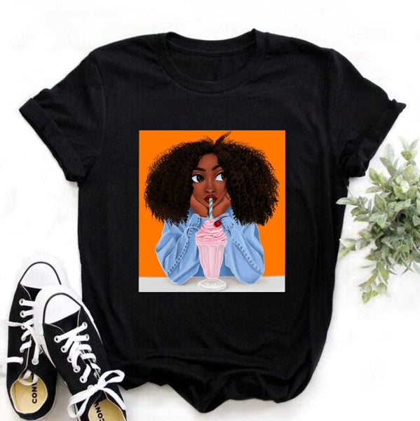 ZOGANKIN Female Summer Fashion Short Sleeve Tshirts Cool Melanin Black Girl Graphic Printed Women Black T-shirt Casual Tops Tee