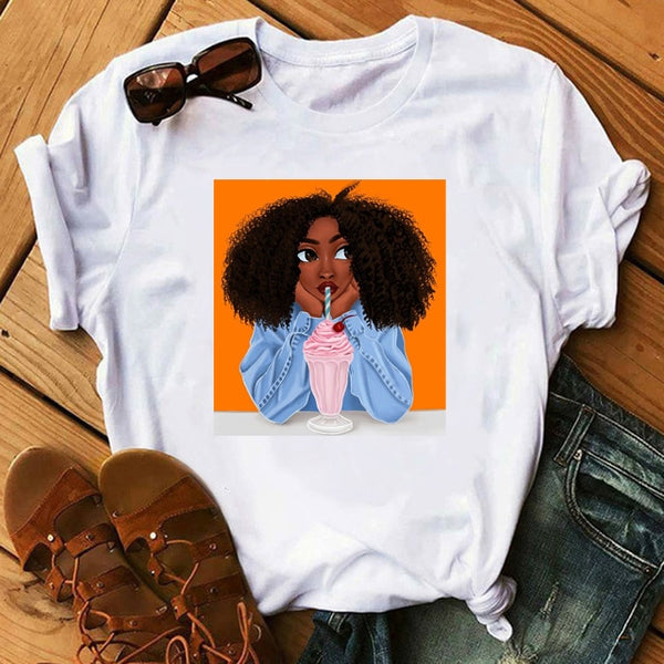 ZOGANKIN Female Summer Fashion Short Sleeve Tshirts Cool Melanin Black Girl Graphic Printed Women Black T-shirt Casual Tops Tee