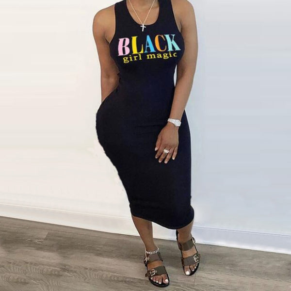 Summer Women's Fashion Black-Girl-Magic Dress Print Sleeveless O-Neck Mid-Calf Dress Sexy Club Bodycon Maxi Dresses Plus Size