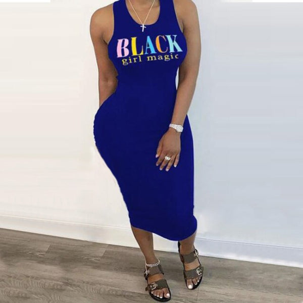 Summer Women's Fashion Black-Girl-Magic Dress Print Sleeveless O-Neck Mid-Calf Dress Sexy Club Bodycon Maxi Dresses Plus Size