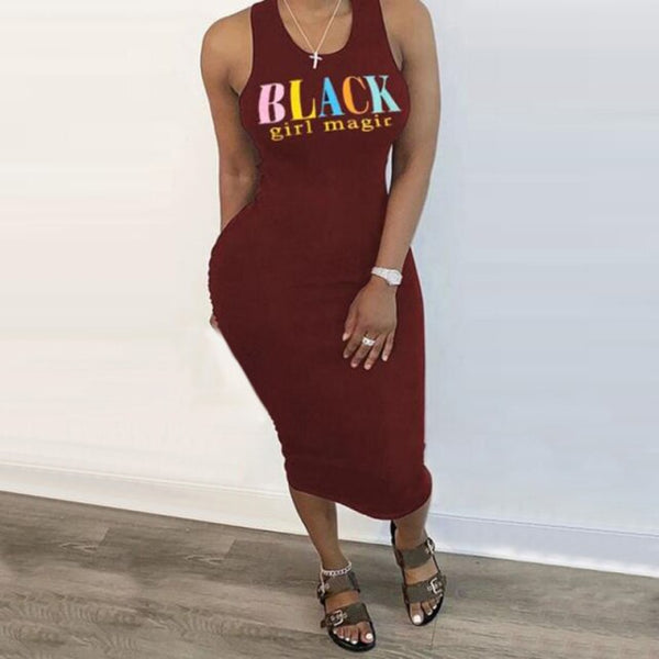 Summer Women's Fashion Black-Girl-Magic Dress Print Sleeveless O-Neck Mid-Calf Dress Sexy Club Bodycon Maxi Dresses Plus Size