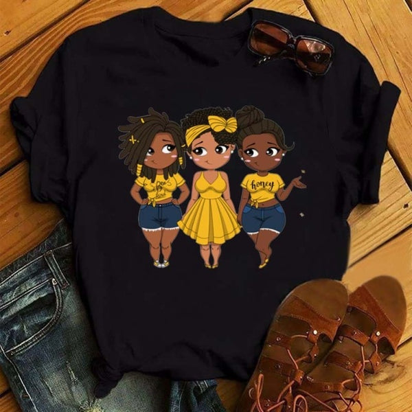 Maycaur Harajuku Black African Curly Hair Girls Tshirt Women Cartoon Graphic Print Tops Female T-shirt Cute Tee Friends T Shirts