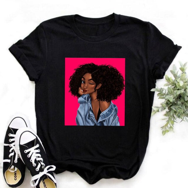 ZOGANKIN Female Summer Fashion Short Sleeve Tshirts Cool Melanin Black Girl Graphic Printed Women Black T-shirt Casual Tops Tee