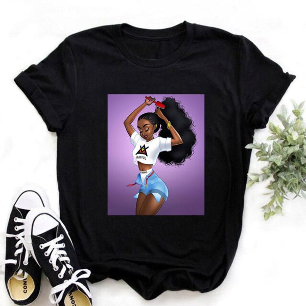 ZOGANKIN Female Summer Fashion Short Sleeve Tshirts Cool Melanin Black Girl Graphic Printed Women Black T-shirt Casual Tops Tee