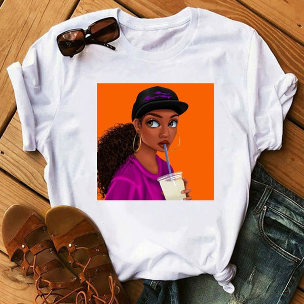 ZOGANKIN Female Summer Fashion Short Sleeve Tshirts Cool Melanin Black Girl Graphic Printed Women Black T-shirt Casual Tops Tee