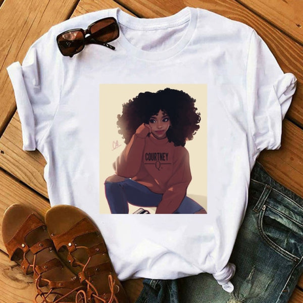 ZOGANKIN Female Summer Fashion Short Sleeve Tshirts Cool Melanin Black Girl Graphic Printed Women Black T-shirt Casual Tops Tee