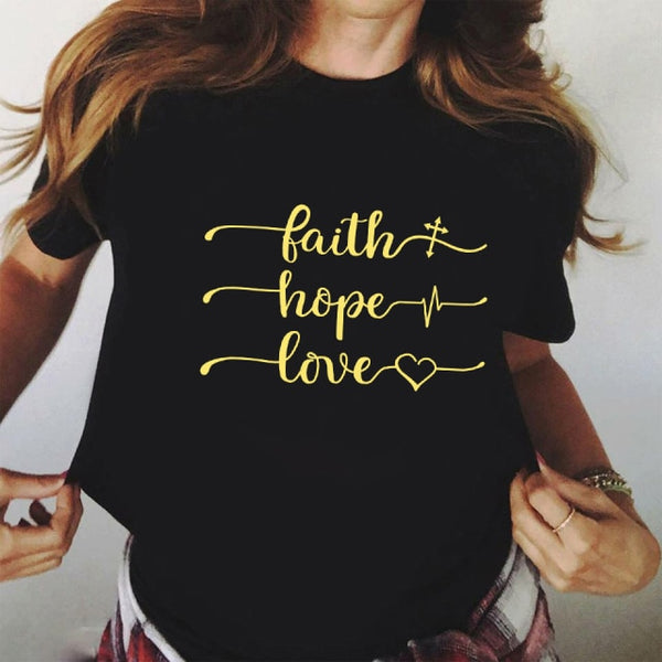 ZOGANKI Faith Hope Love  Casual T-shirt Women T Shirt Summer Casual Short Sleeve Harajuku Tops New Graphic Woman Tees Black Tops