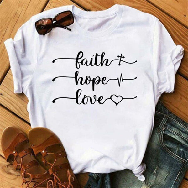 ZOGANKI Faith Hope Love  Casual T-shirt Women T Shirt Summer Casual Short Sleeve Harajuku Tops New Graphic Woman Tees Black Tops