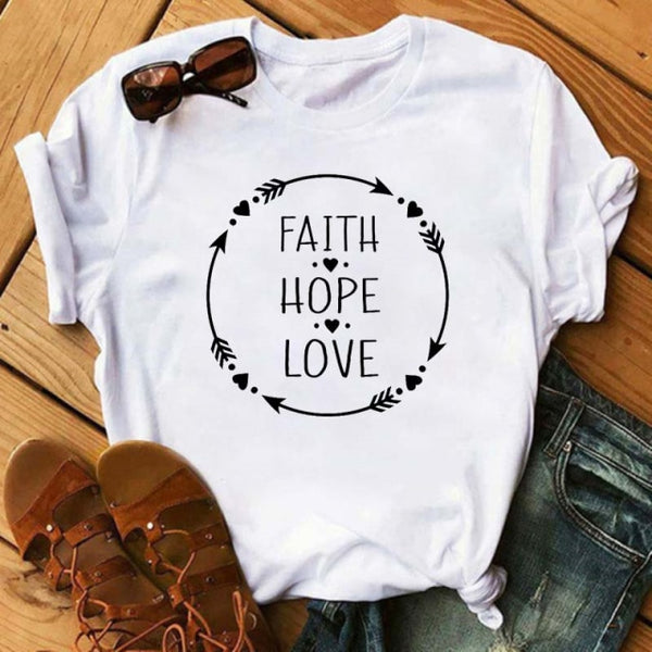 ZOGANKI Faith Hope Love  Casual T-shirt Women T Shirt Summer Casual Short Sleeve Harajuku Tops New Graphic Woman Tees Black Tops