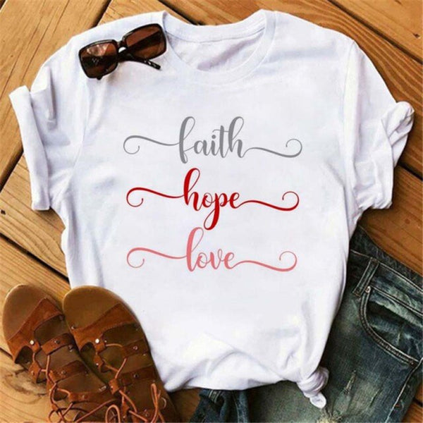 ZOGANKI Faith Hope Love  Casual T-shirt Women T Shirt Summer Casual Short Sleeve Harajuku Tops New Graphic Woman Tees Black Tops