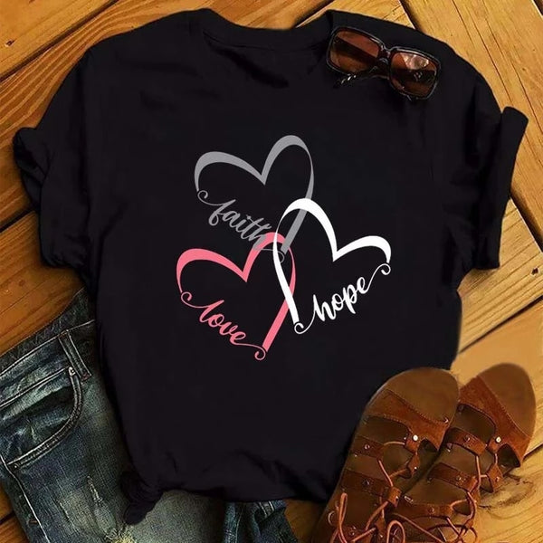 WVIOCE  Funny Love Heart Casual Women T-shirt Summer Short Sleeve Harajuku Female Tops New Graphic Girl Black Tops 27933