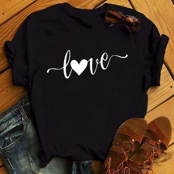 WVIOCE  Funny Love Heart Casual Women T-shirt Summer Short Sleeve Harajuku Female Tops New Graphic Girl Black Tops 27933