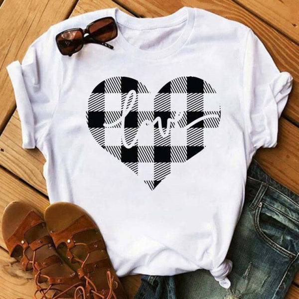 WVIOCE  Funny Love Heart Casual Women T-shirt Summer Short Sleeve Harajuku Female Tops New Graphic Girl Black Tops 27933
