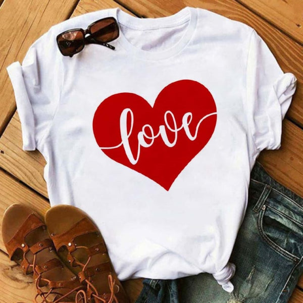 WVIOCE  Funny Love Heart Casual Women T-shirt Summer Short Sleeve Harajuku Female Tops New Graphic Girl Black Tops 27933