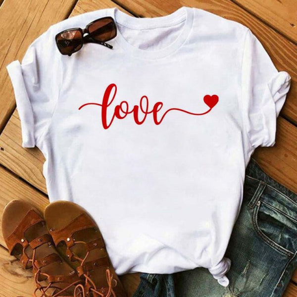 WVIOCE  Funny Love Heart Casual Women T-shirt Summer Short Sleeve Harajuku Female Tops New Graphic Girl Black Tops 27933