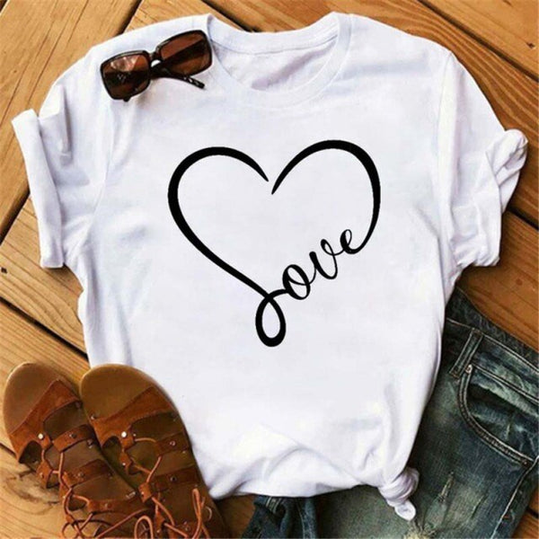 WVIOCE  Funny Love Heart Casual Women T-shirt Summer Short Sleeve Harajuku Female Tops New Graphic Girl Black Tops 27933