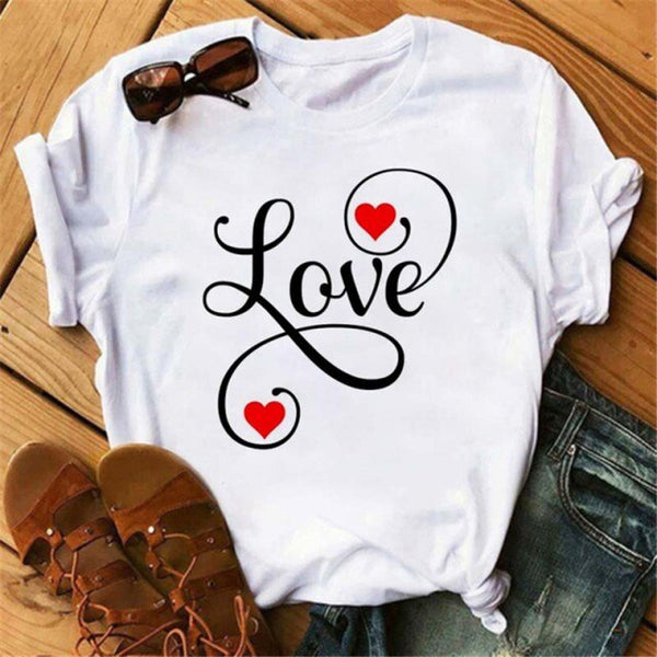 WVIOCE  Funny Love Heart Casual Women T-shirt Summer Short Sleeve Harajuku Female Tops New Graphic Girl Black Tops 27933