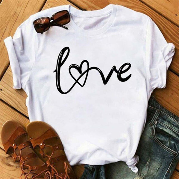 WVIOCE  Funny Love Heart Casual Women T-shirt Summer Short Sleeve Harajuku Female Tops New Graphic Girl Black Tops 27933