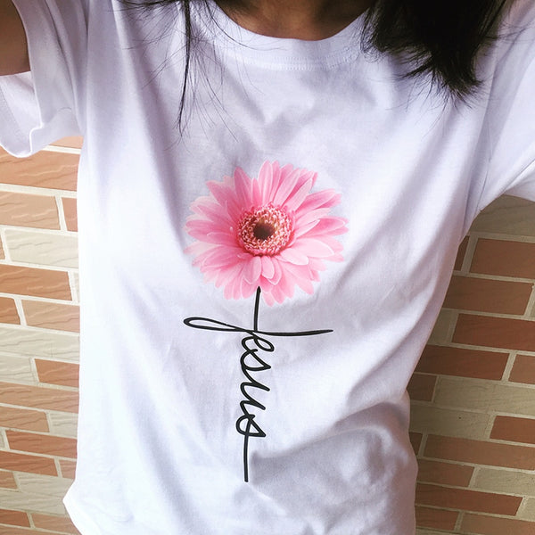 Daisy Printed T Shirt for Women Jesus Cross Faith Tops Tees Short Sleeve O-Neck Casual Soft T Shirt  Ladies Shirt Ropa Mujer