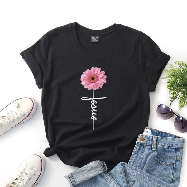 Daisy Printed T Shirt for Women Jesus Cross Faith Tops Tees Short Sleeve O-Neck Casual Soft T Shirt  Ladies Shirt Ropa Mujer