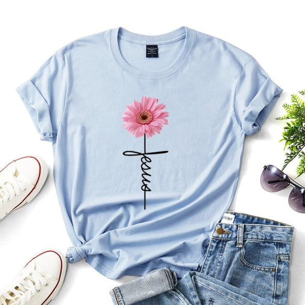 Daisy Printed T Shirt for Women Jesus Cross Faith Tops Tees Short Sleeve O-Neck Casual Soft T Shirt  Ladies Shirt Ropa Mujer