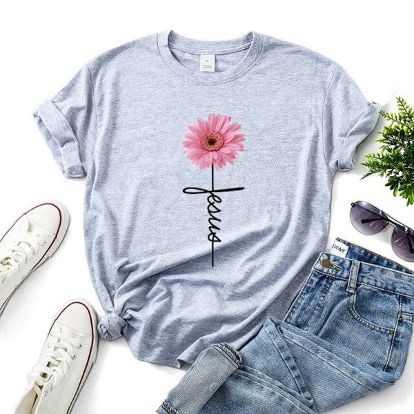 Daisy Printed T Shirt for Women Jesus Cross Faith Tops Tees Short Sleeve O-Neck Casual Soft T Shirt  Ladies Shirt Ropa Mujer