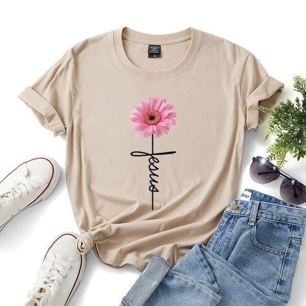 Daisy Printed T Shirt for Women Jesus Cross Faith Tops Tees Short Sleeve O-Neck Casual Soft T Shirt  Ladies Shirt Ropa Mujer