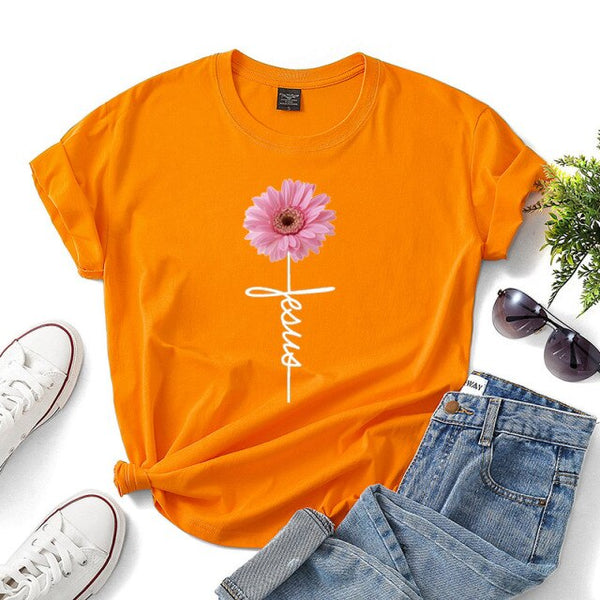 Daisy Printed T Shirt for Women Jesus Cross Faith Tops Tees Short Sleeve O-Neck Casual Soft T Shirt  Ladies Shirt Ropa Mujer