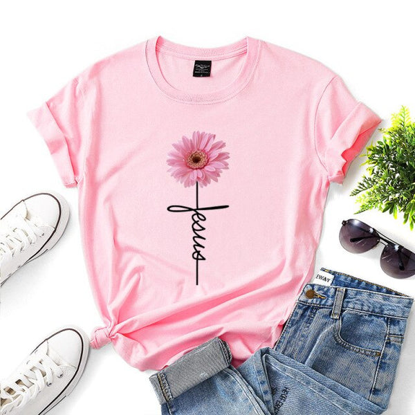 Daisy Printed T Shirt for Women Jesus Cross Faith Tops Tees Short Sleeve O-Neck Casual Soft T Shirt  Ladies Shirt Ropa Mujer