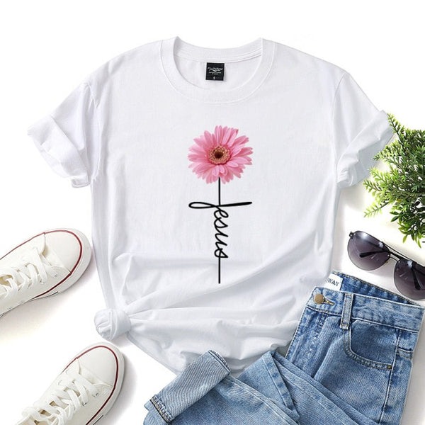 Daisy Printed T Shirt for Women Jesus Cross Faith Tops Tees Short Sleeve O-Neck Casual Soft T Shirt  Ladies Shirt Ropa Mujer