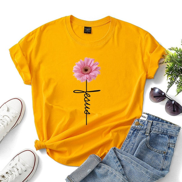 Daisy Printed T Shirt for Women Jesus Cross Faith Tops Tees Short Sleeve O-Neck Casual Soft T Shirt  Ladies Shirt Ropa Mujer