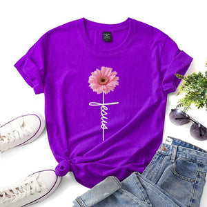 Daisy Printed T Shirt for Women Jesus Cross Faith Tops Tees Short Sleeve O-Neck Casual Soft T Shirt  Ladies Shirt Ropa Mujer