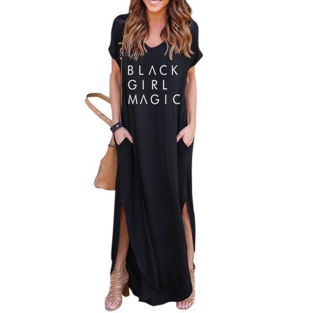 Women&#39;s Summer African Black Girl Magic Woman Long Dress Casual Loose Pocket Short Sleeve Maxi Dresses Oversized 5XL Drop Ship