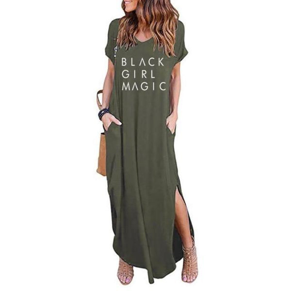 Women&#39;s Summer African Black Girl Magic Woman Long Dress Casual Loose Pocket Short Sleeve Maxi Dresses Oversized 5XL Drop Ship