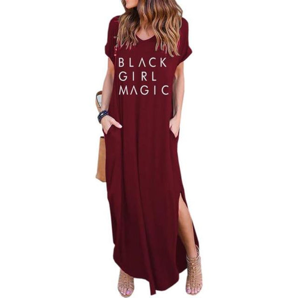 Women&#39;s Summer African Black Girl Magic Woman Long Dress Casual Loose Pocket Short Sleeve Maxi Dresses Oversized 5XL Drop Ship