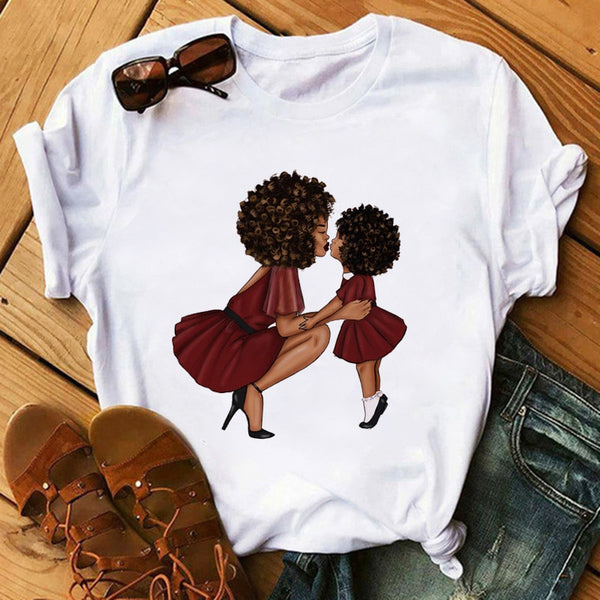 Poppin Mom T Shirt Casual T Shirt Women Black African Curly Hair girl Printed Tshirt Femme Harajuku Clothes Female T-shirt Tops