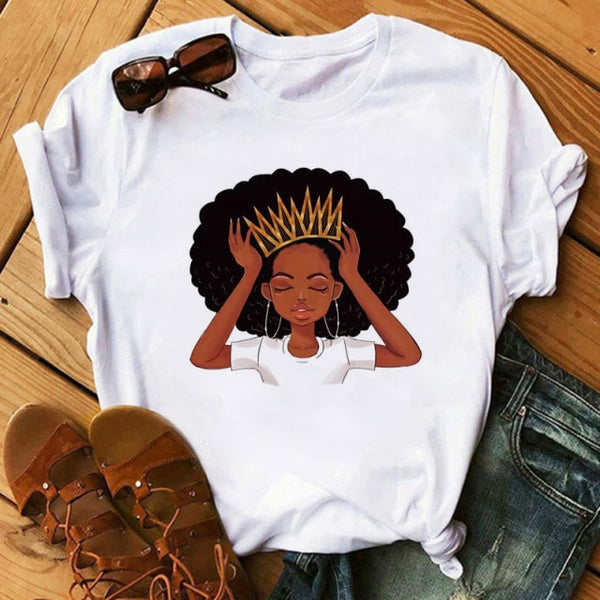 Poppin Mom T Shirt Casual T Shirt Women Black African Curly Hair girl Printed Tshirt Femme Harajuku Clothes Female T-shirt Tops
