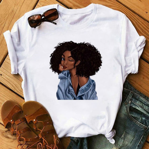 Poppin Mom T Shirt Casual T Shirt Women Black African Curly Hair girl Printed Tshirt Femme Harajuku Clothes Female T-shirt Tops