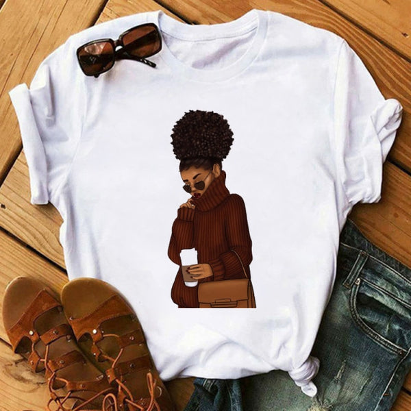 Poppin Mom T Shirt Casual T Shirt Women Black African Curly Hair girl Printed Tshirt Femme Harajuku Clothes Female T-shirt Tops