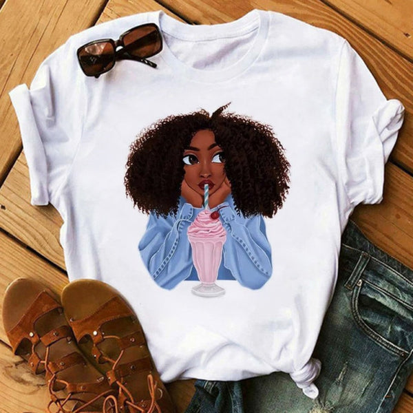 Poppin Mom T Shirt Casual T Shirt Women Black African Curly Hair girl Printed Tshirt Femme Harajuku Clothes Female T-shirt Tops
