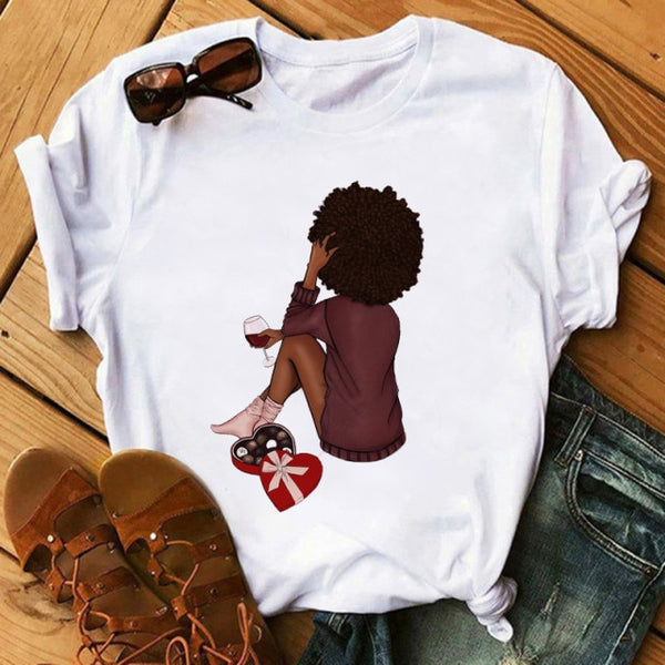 Poppin Mom T Shirt Casual T Shirt Women Black African Curly Hair girl Printed Tshirt Femme Harajuku Clothes Female T-shirt Tops