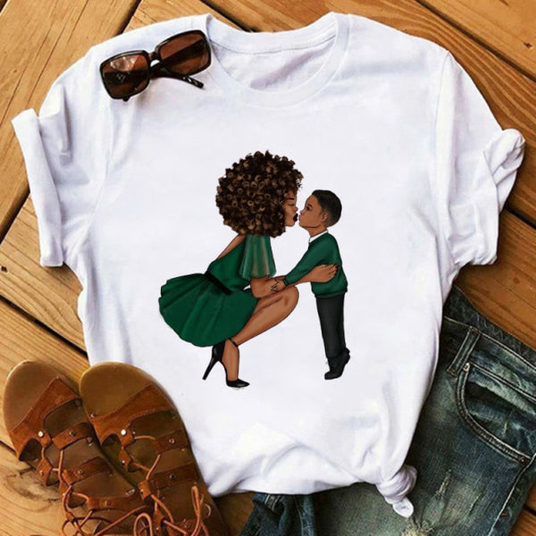 Poppin Mom T Shirt Casual T Shirt Women Black African Curly Hair girl Printed Tshirt Femme Harajuku Clothes Female T-shirt Tops