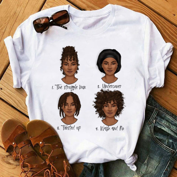 Poppin Mom T Shirt Casual T Shirt Women Black African Curly Hair girl Printed Tshirt Femme Harajuku Clothes Female T-shirt Tops