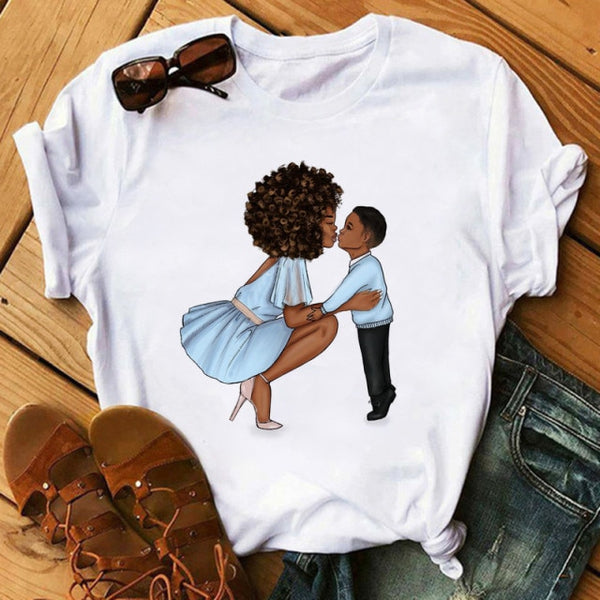 Poppin Mom T Shirt Casual T Shirt Women Black African Curly Hair girl Printed Tshirt Femme Harajuku Clothes Female T-shirt Tops