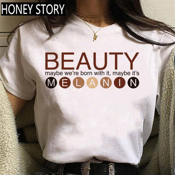 FIXSYS Kawaii Melanin T Shirt Women Funny Black African Curly Hair Girl Graphic Tees Cartoon T-shirt Aesthetic Tshirt
