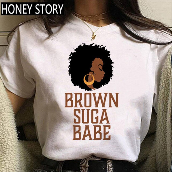 FIXSYS Kawaii Melanin T Shirt Women Funny Black African Curly Hair Girl Graphic Tees Cartoon T-shirt Aesthetic Tshirt