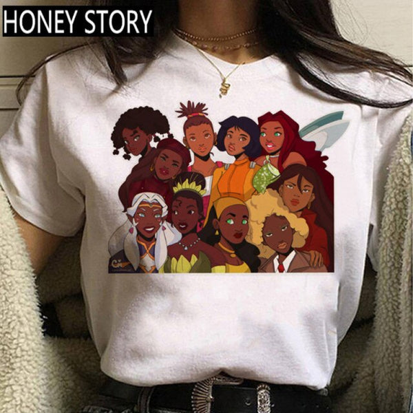 FIXSYS Kawaii Melanin T Shirt Women Funny Black African Curly Hair Girl Graphic Tees Cartoon T-shirt Aesthetic Tshirt